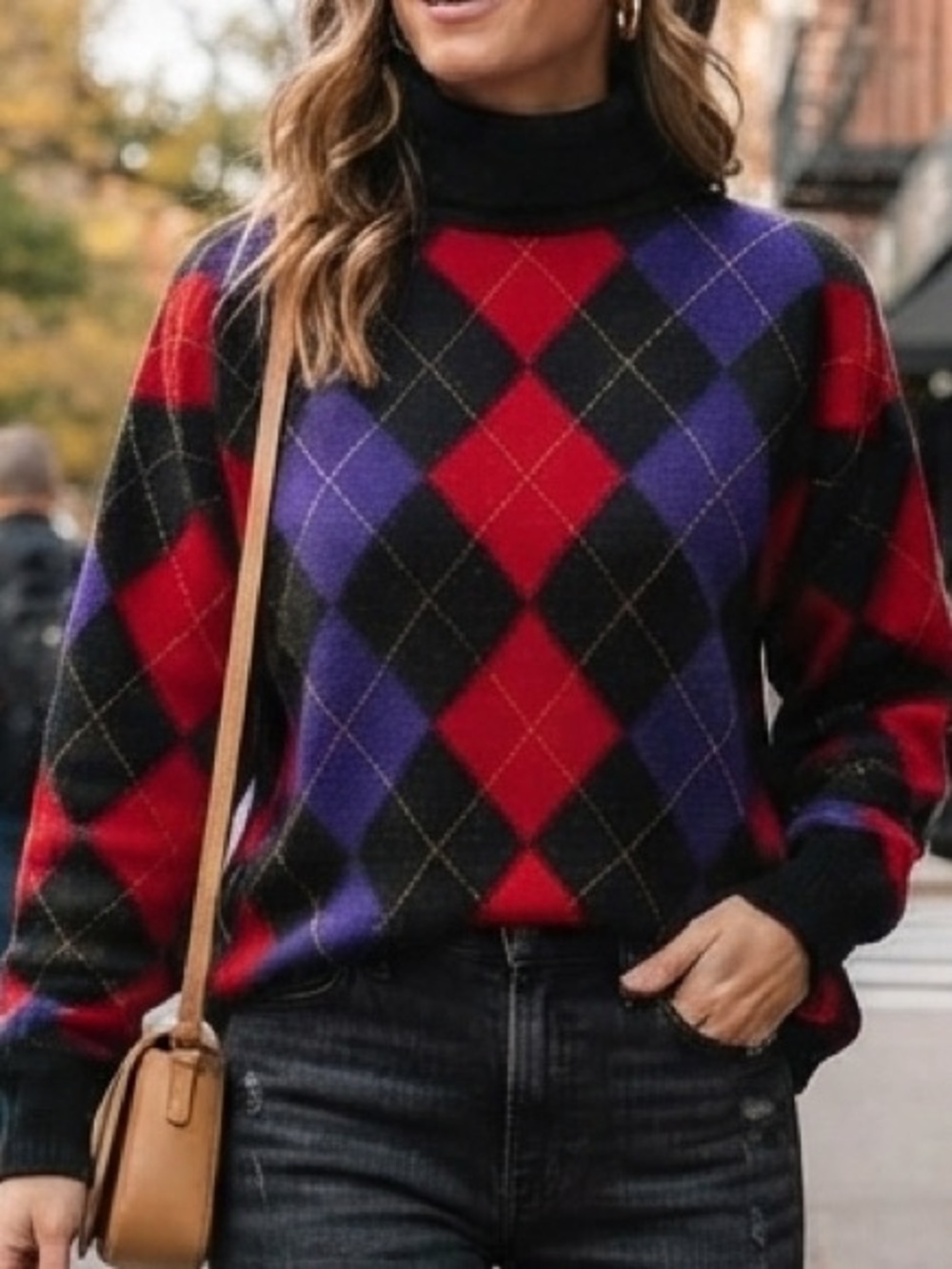 VTG 90s Pure Wool Classiques Nordstrom Argyle Turtleneck M Dark Academia Preppy